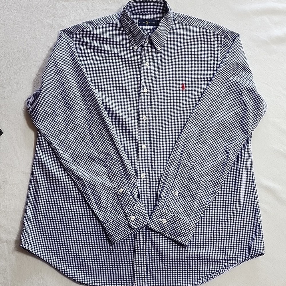 Ralph Lauren Mens Blue Gingham Button Down Shirt XL Long Sleeve Pony Logo‎